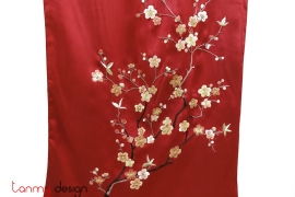 Red silk scarf hand-embroidered with peach blossom branch 40*200 cm